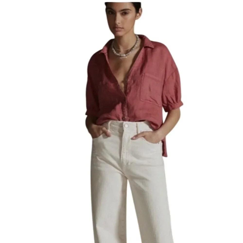 PILCRO Anthropologie Size M 100% Linen Surf Button Down Short Sleeve Shirt Pink - Picture 7 of 13